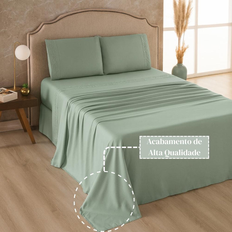 Jogo De Lençol 4 peças Com Vira Em Bordado Florença 300 Fios