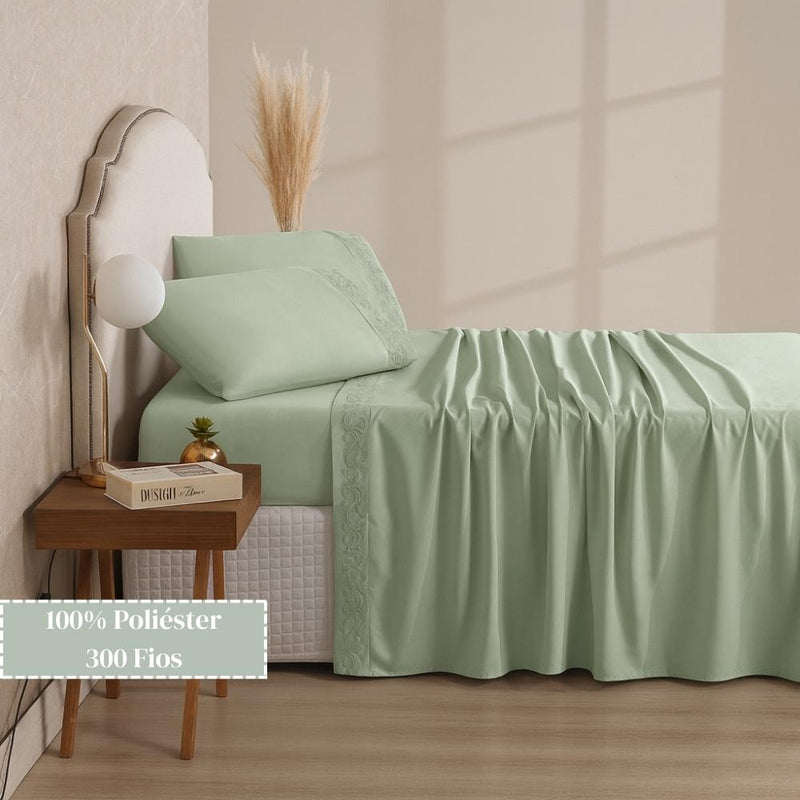 Jogo De Lençol 4 peças Com Vira Em Bordado Florença 300 Fios