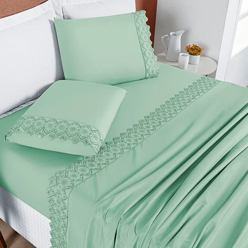 Jogo de Lençol 4 Peças Algodão 200 Fios Bordado Inglês