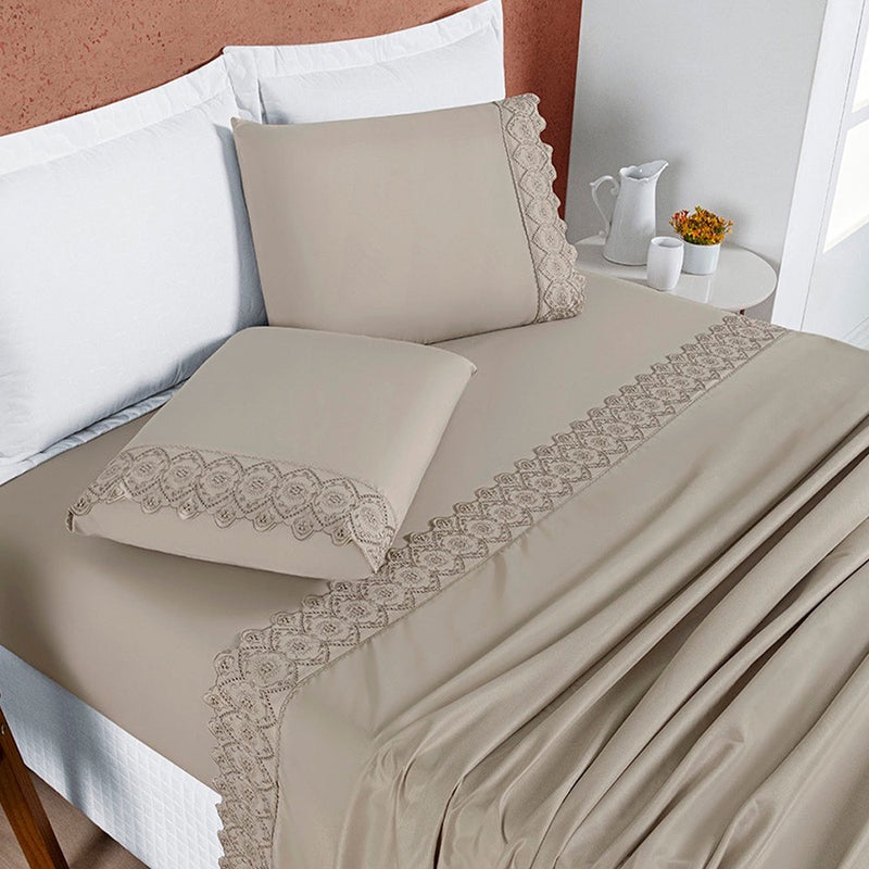 Jogo de Lençol 4 Peças Algodão 200 Fios Bordado Inglês