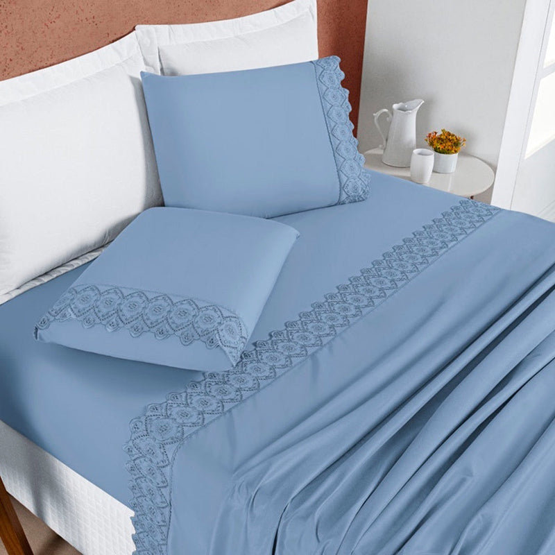 Jogo de Lençol 4 Peças Algodão 200 Fios Bordado Inglês